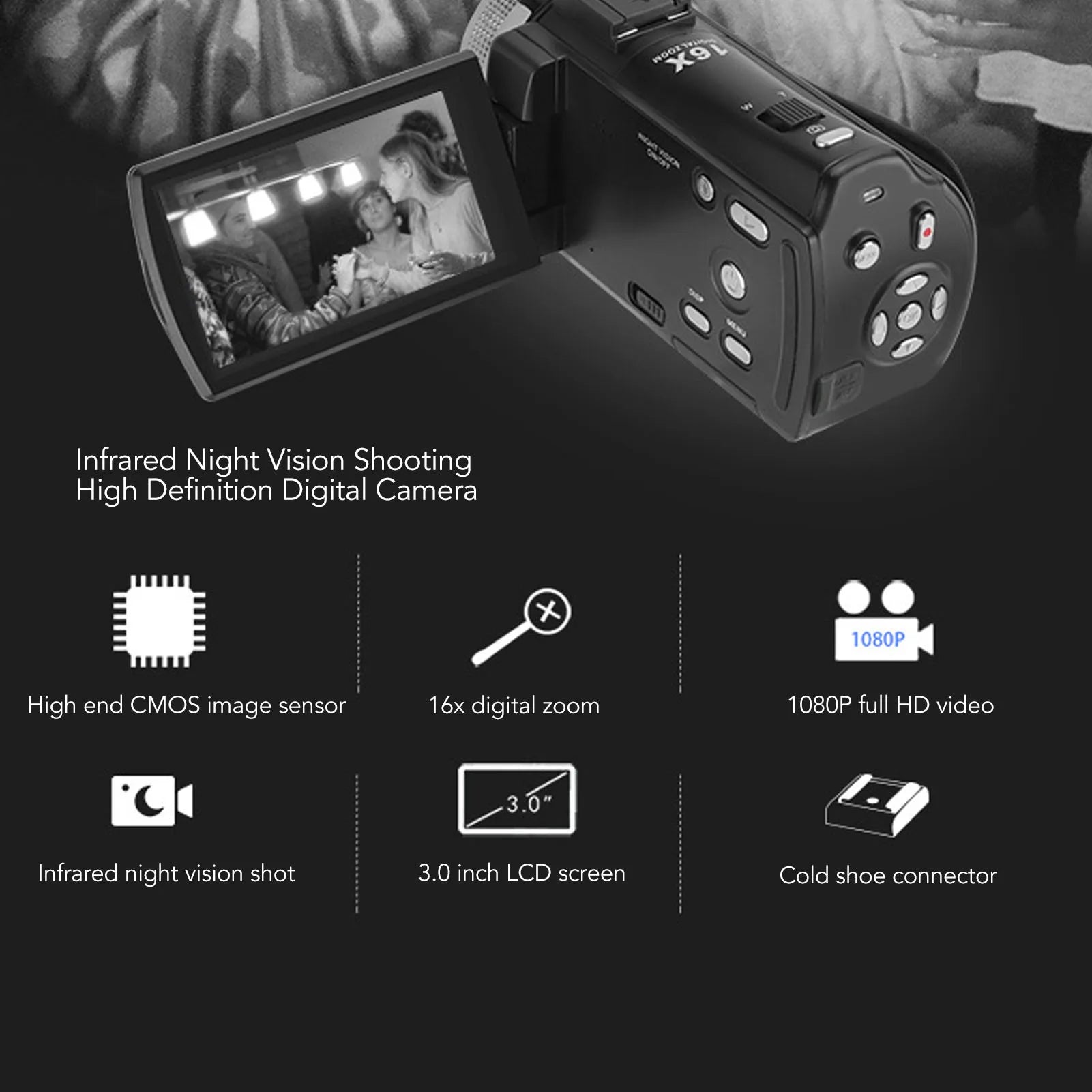 Video Camera Camcorder 30MP 1080P HD 3 Inch TFT LCD Screen 16x Zoom Night Vision Vlogging Camera with Microphone Remote Control