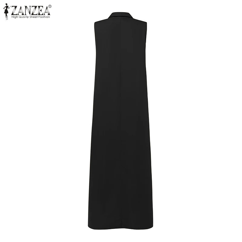 2025 Summer Sleeveless Sundress ZANZEA Women Long Dress Elegant Work OL Dresses Casual Lapel Neck Solid Vestidos Split Hem Robe