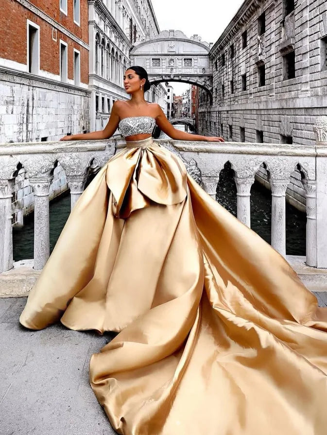Gold Celebrity Gowns Beading Draped Strapless Crystal Formal Dress Puff Long Train Sexy 2 Pieces Prom Dresses Bow Floor Length