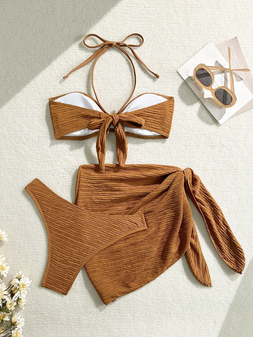 2025 New Bandeau Bikini Set Female Ribbed Swimsuit Women Swimwear 3 pieces Bikinis Bather Bathing Suit Biquini