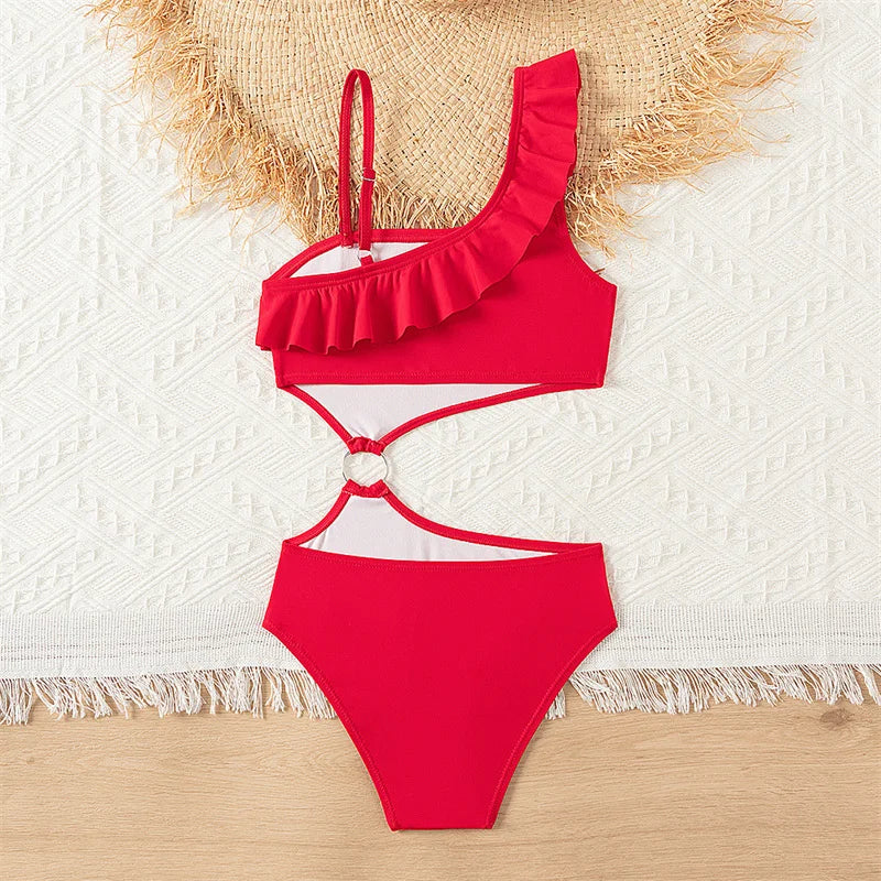 Bikini Girls Kids Swimsuits One Shoulder Ruffles Swimwear Solid Color Backless Bathing Suit