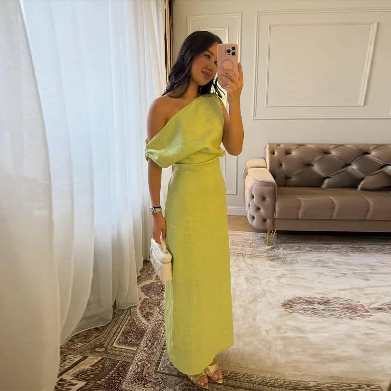 Elegant Off Shoulder Women's Dress Solid Sleeveless Oblique Collar Long Female Dresses 2026 Summer Fashion Lady Comfortable Robe