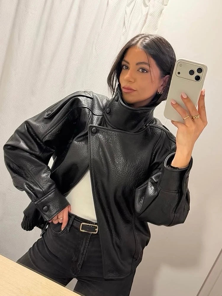 Fashion Black Faux Leather Short Jackets Women Retro High Neck Long Sleeve Oversized Coats Lady Autumn Winter Classic Streetwear