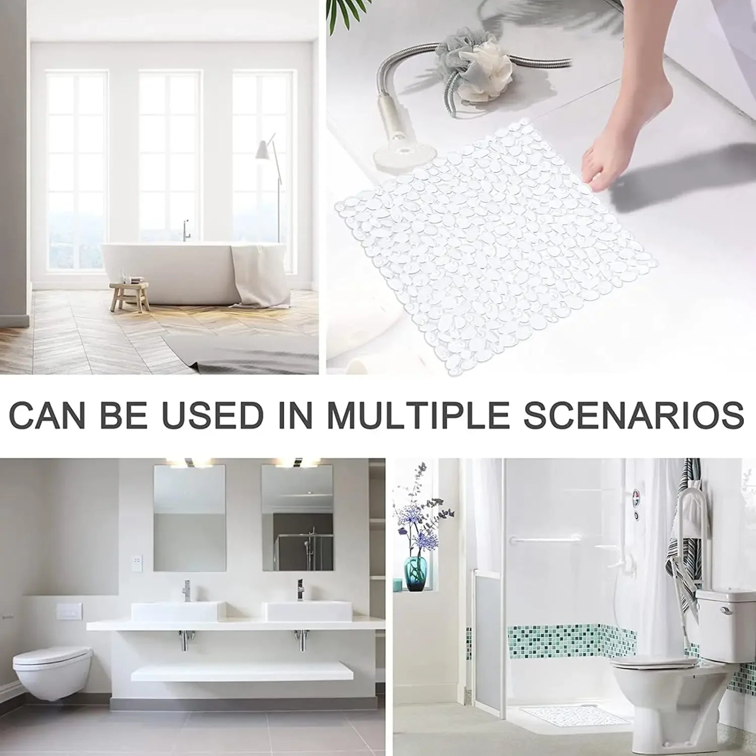 Premium Transparent Non-Slip Shower Mat 20.5x21 PVC Bathtub Mat with Strong Suction Cups Pebble Texture Quick Drain Holes