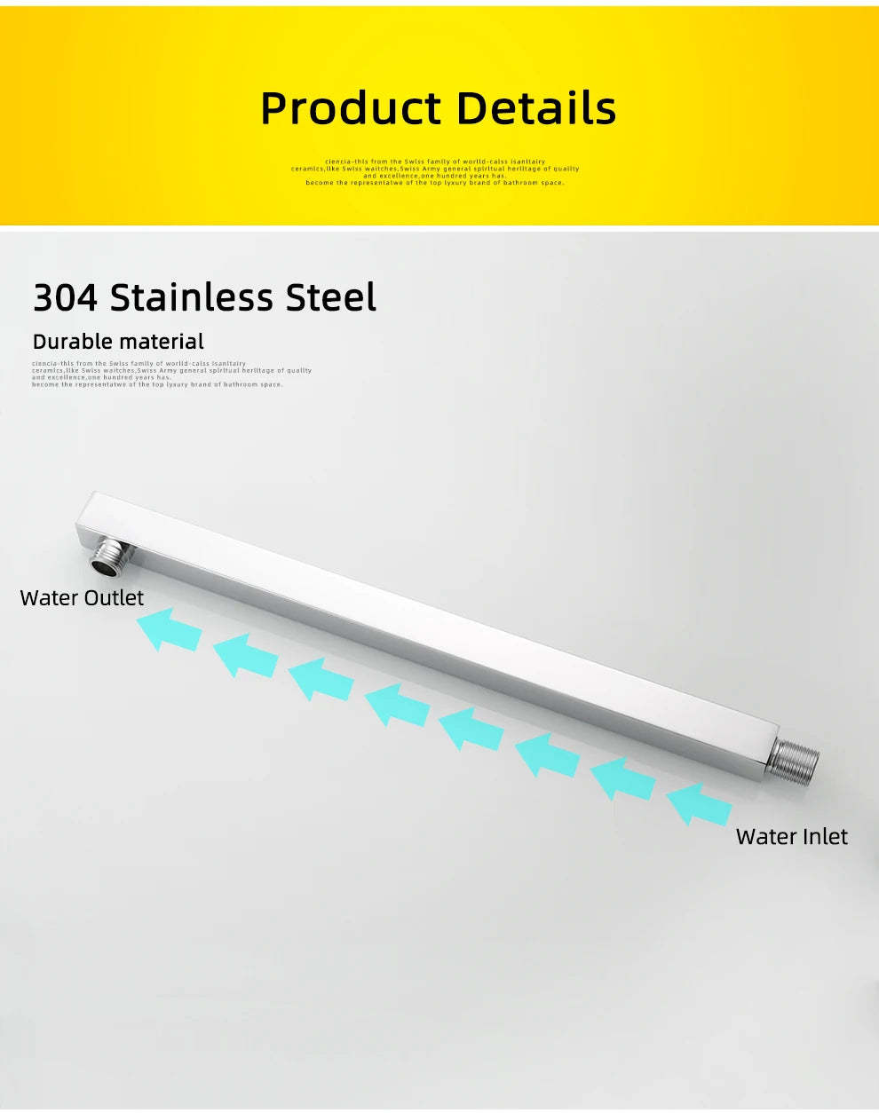 Ciencia 304 Stainless Steel Square Shower Arm G1/2 Bathroom Shower Arm Wall Mounted for Fixed Rain Shower Head