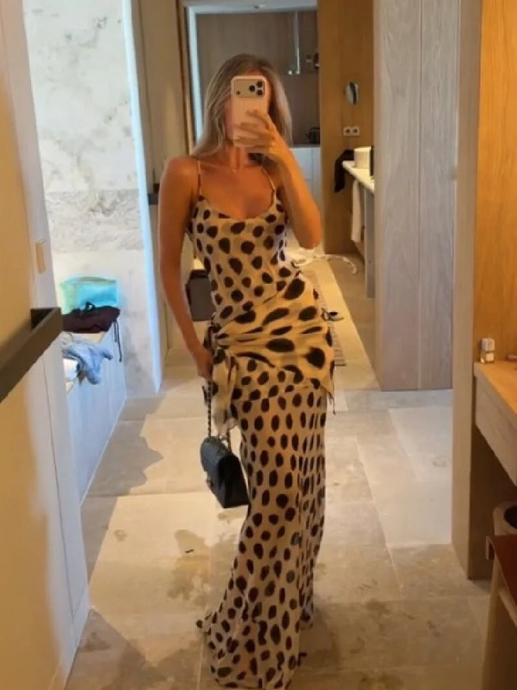 Elegant Animal Print Maxi Dress Detachable Scarf Spaghetti Strap Tie Waist Slim Fit Skirt Women Summer Party Vacation Outfit New