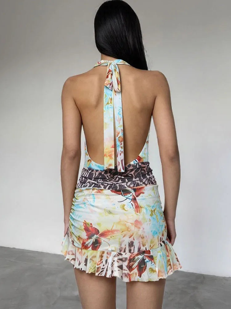 kliou Aesthetic Sexy Dresses Women Colorful Printed Midnight Clubwear Halter Low Neck Backless Ruffle Bodycon Hot Party Vestidos