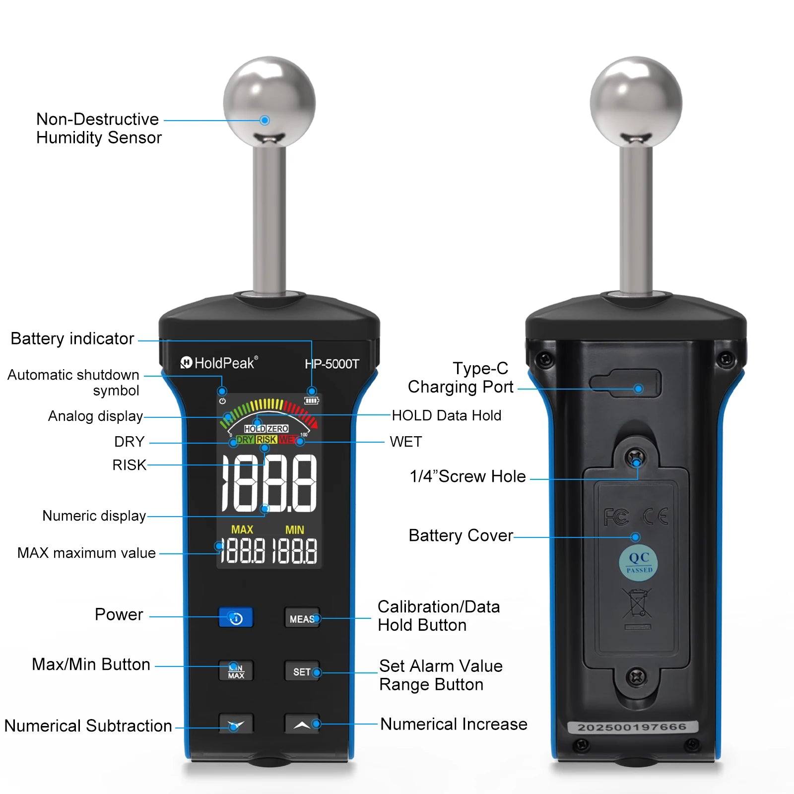Wood Moisture Meter - Pinless Moisture Detector Measur Depth 20-40mm Non-Destructive Moisture Tester with Masonry