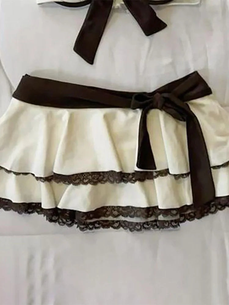 Summer Beige Lace Trim Bow Halter Skirted Bikini Set Beach Pool Vacation Cute Sweet Slim Y2K New Trendy Women's Swimsuit