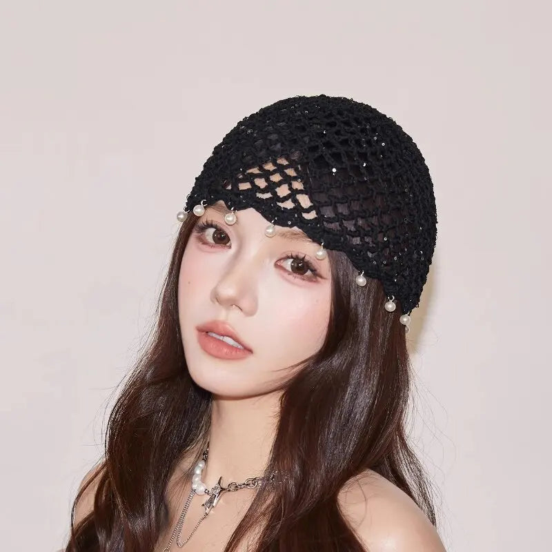 Fashion Hollowed Out Woven Pullover Hats Crochet Breathable Beret Cap Pearl Fringed Retro Beanies Cap for Women Summer Korean