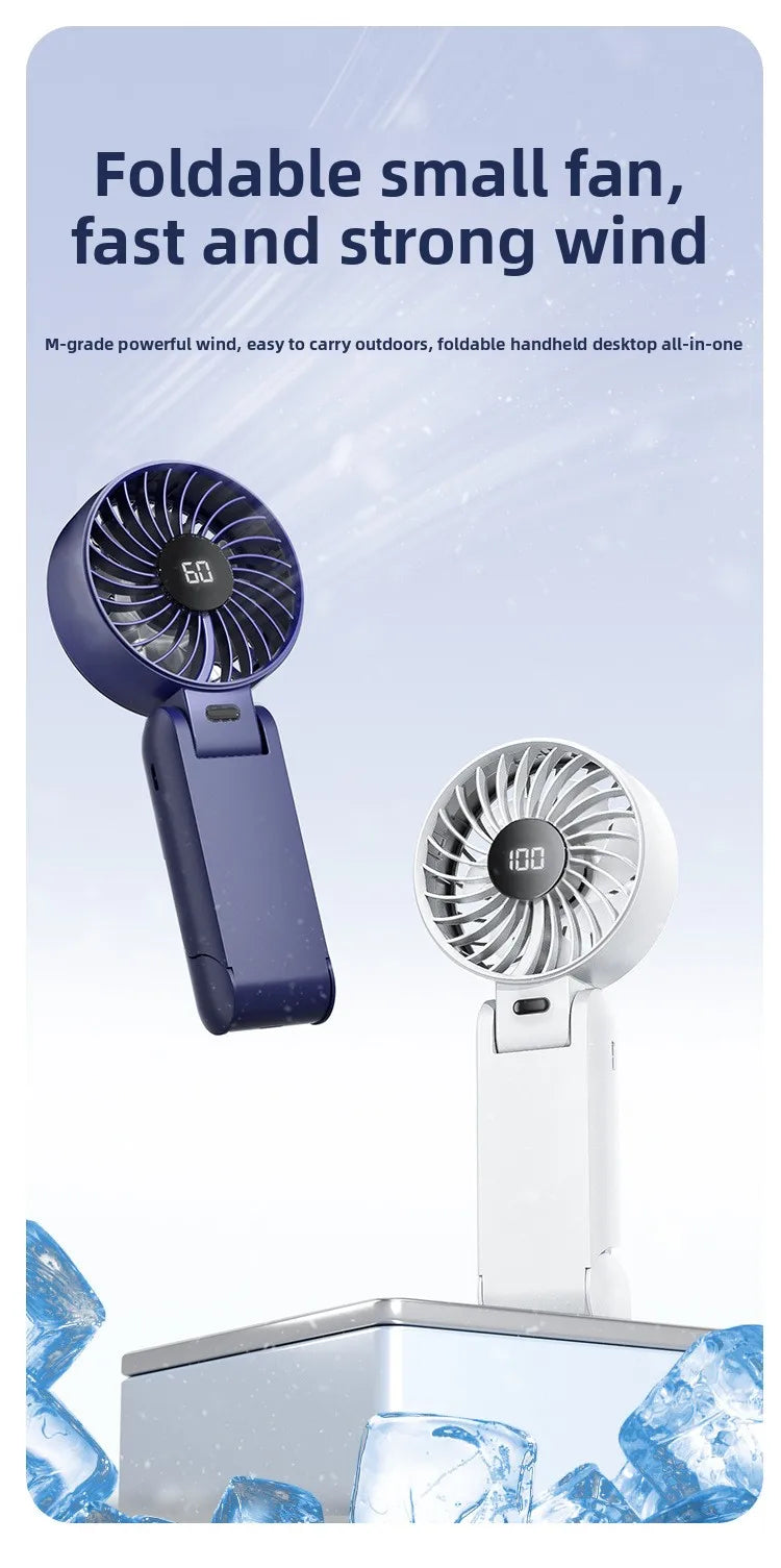 Foldable Handheld Fan with Digital Display, USB Rechargeable, Portable Mini Fan, Strong Airflow for Home and Travel
