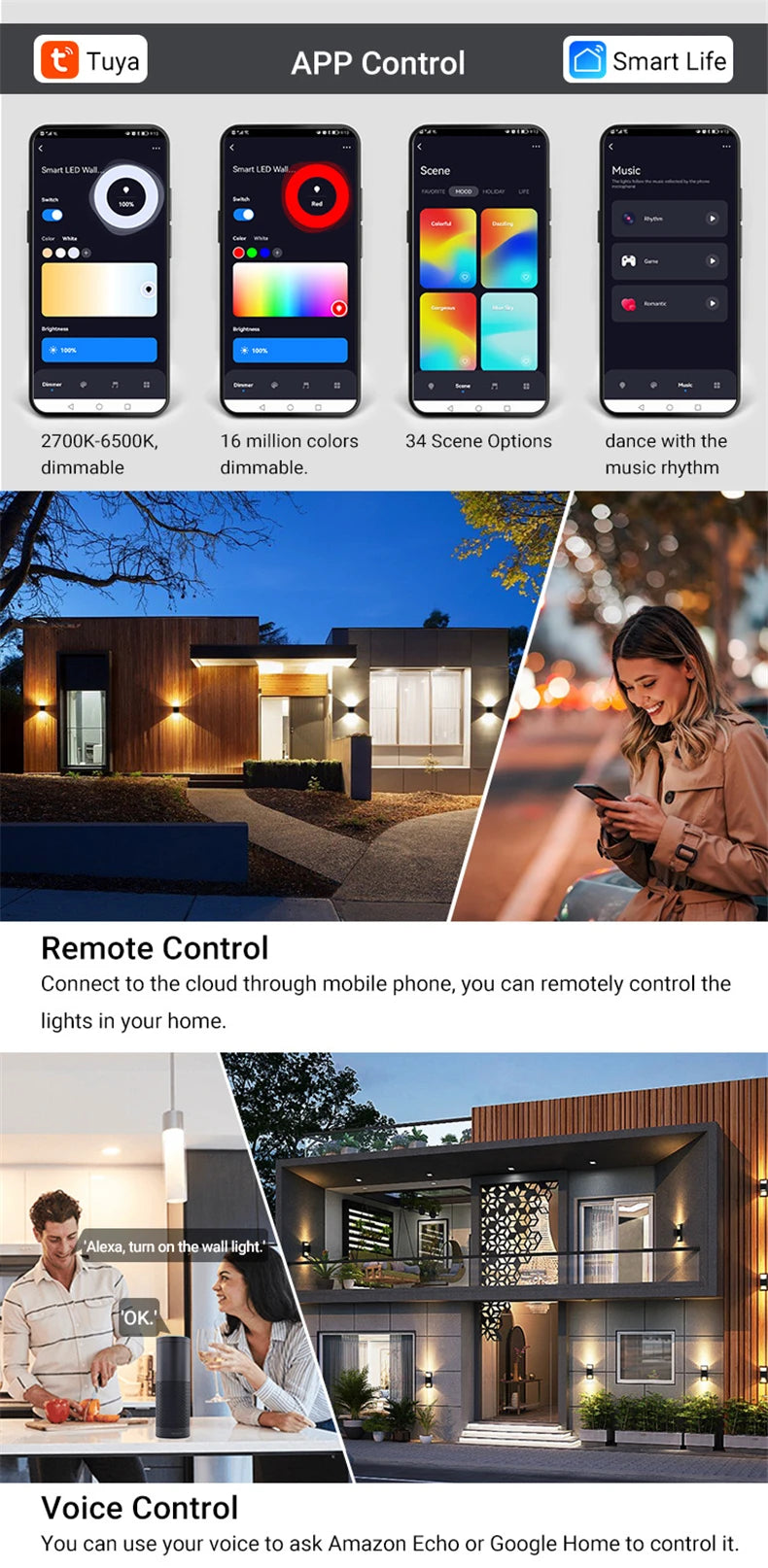 Tuya Smart LED Wall Light Up and Down RGB CCT Outdoor Bluetooth/WIFI APP Control GU10 Bulb Exterior Garden Porch Sconces Lamp