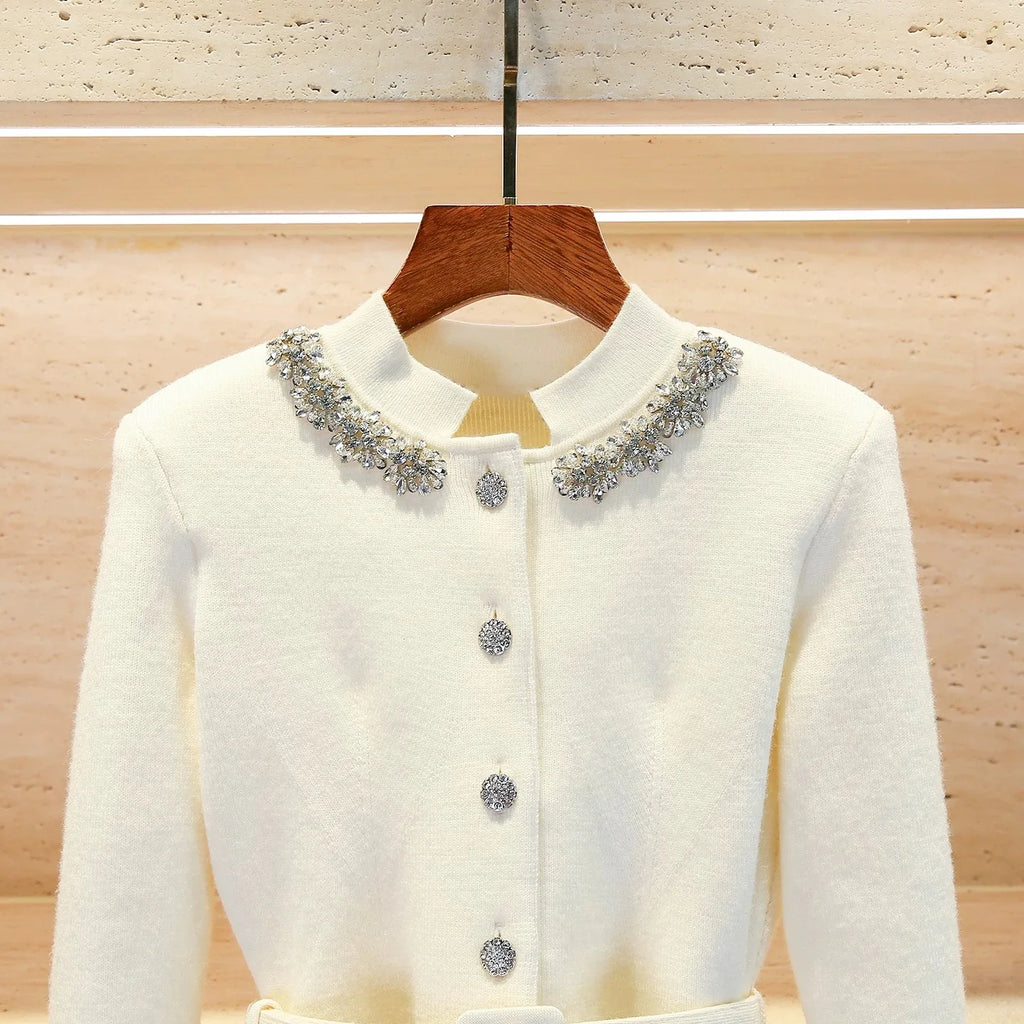 White Knit Two-Piece Style Dress with Rhinestone Button Belt Fitted Long-Length Women's Dress 2025 Fall New Arrival