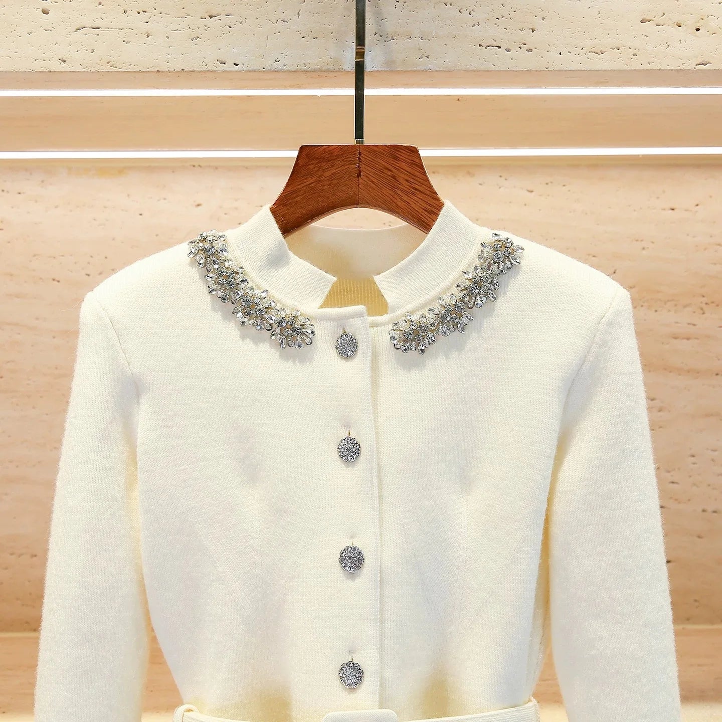 White Knit Two-Piece Style Dress with Rhinestone Button Belt Fitted Long-Length Women's Dress 2025 Fall New Arrival