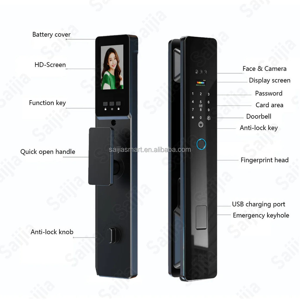 3D Face Fingerprint Recognition Digital Lock Waterproof WiFi Smart App-controlled Keyless Door Aluminum Alloy Electronic Door