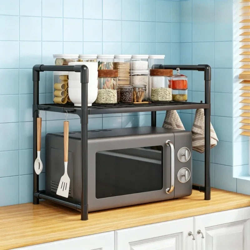 Microwave Oven Rack 2‑Tier Kitchen Countertop Organizer, Heavy Duty Metal Shelf with Hooks for Spices Utensils Small Appliances