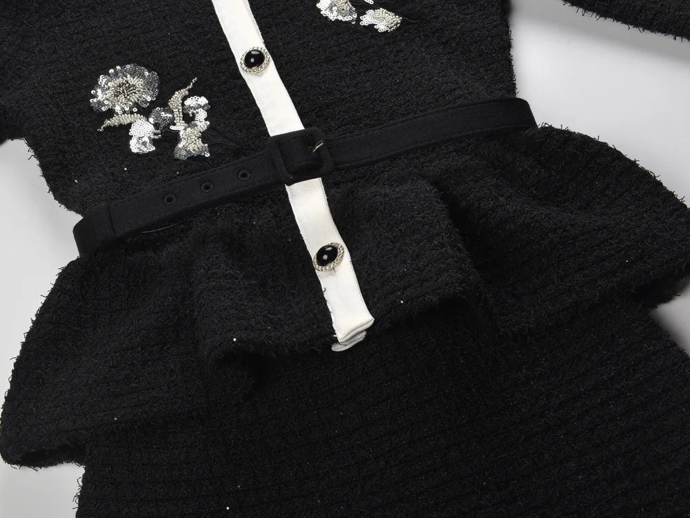 CHUJIE 2025 Autumn/winter New Fake Two-piece Design, Long-sleeved Round-neck, Floral Embroidery, Ruffle Decoration Knitted Dress