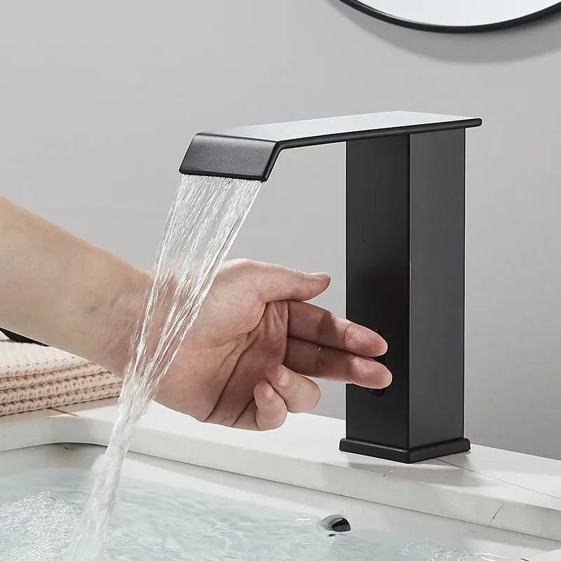 Hownifety Hot Cold Smart Sensor Bathroom Basin Faucet Deck Mount Waterfall Outlet Mixer Crane Tap Automatic Sense Touchless