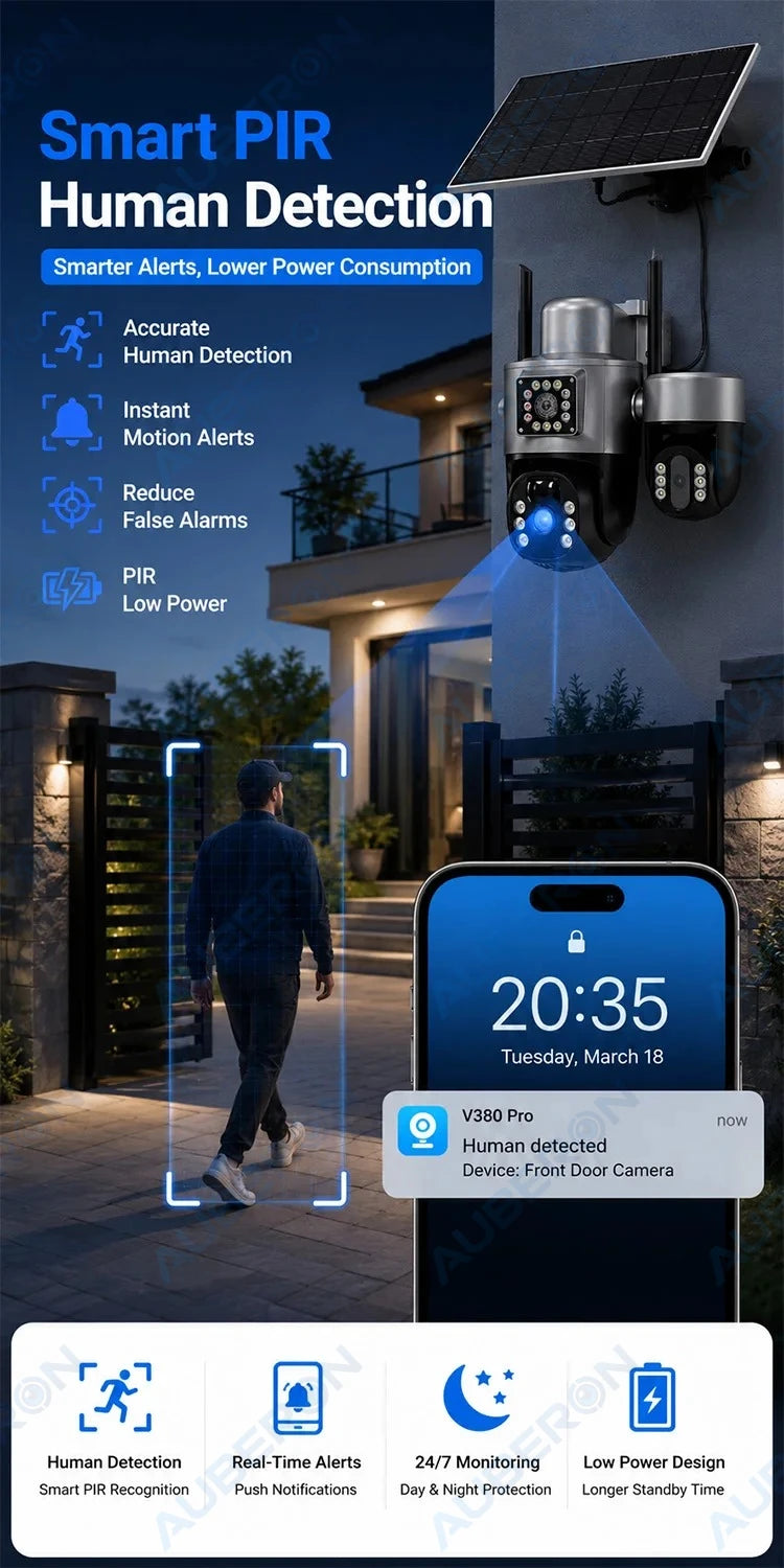 Solar 4G Security Camera 3 Lens 3 Screen Outdoor V380 APP 6MP PTZ PIR Full Color Night Vision IP66 Waterproof Battery Cam System