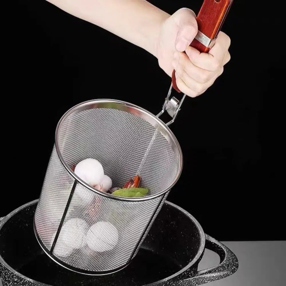 Durable Thickened Stainless Steel Funnel Wooden Handle Multifunctional Pasta Basket Strainer Kitchen Gadgets Deep Fry Basket