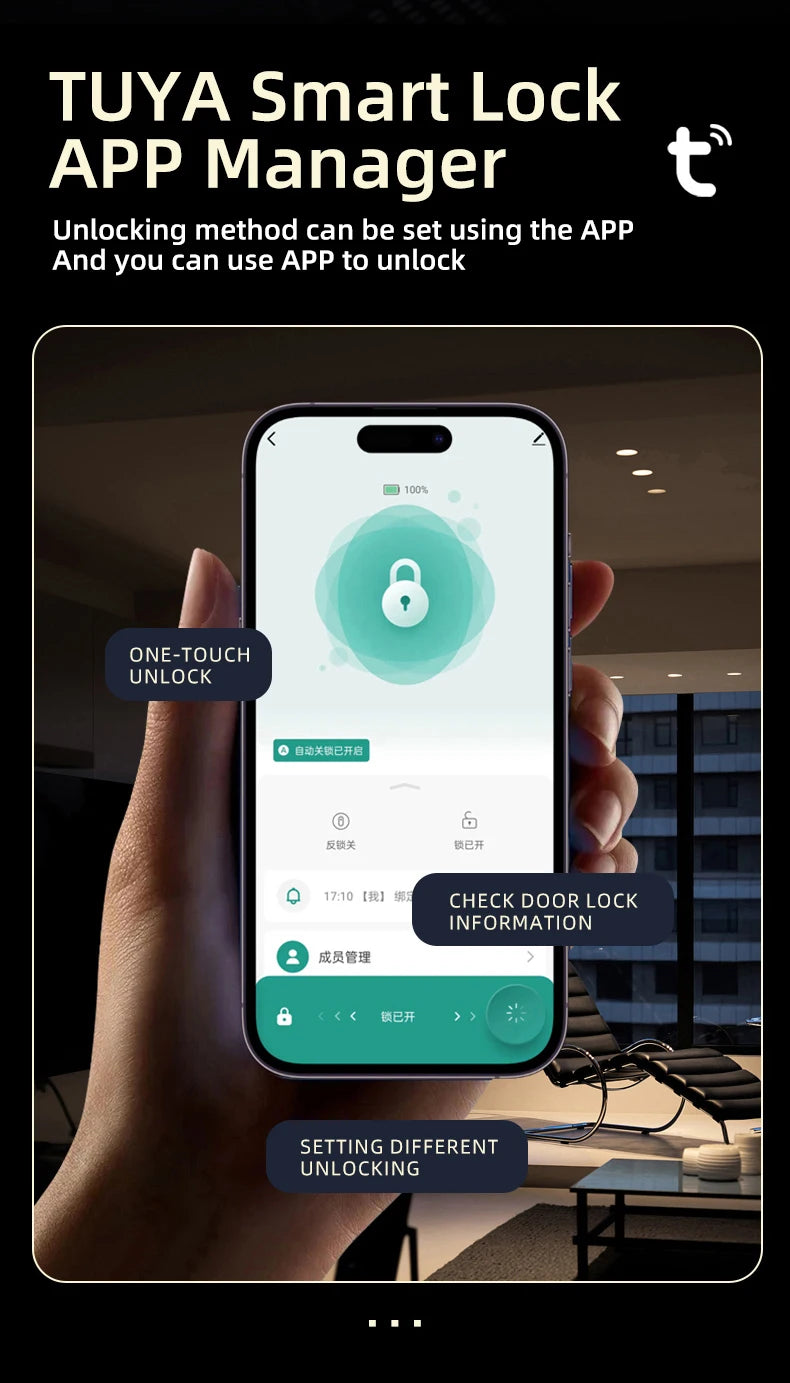 Face Recognition Fingerprint Hold Hands Lock Narrow Bezel Cell Phone Tuya Aluminum Door Code Lock Automatic Smart Door Lock
