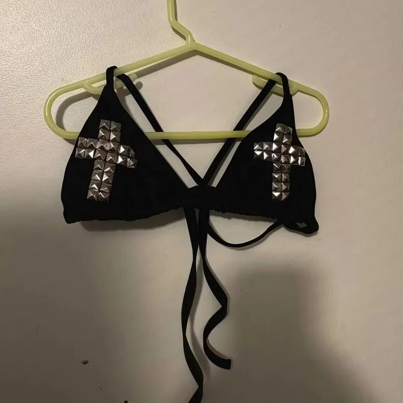 Summer Women's Gothic Punk Style Bikini Top Black Triangle Halter Swimwear Studded Cross Detail Y2K Beach Party 2025 New