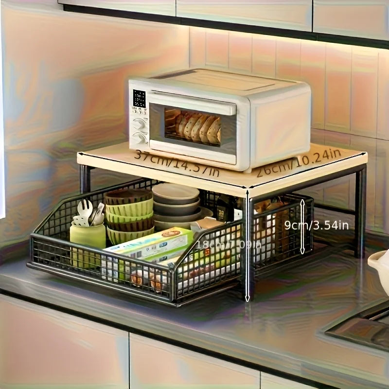 Sturdy Hardwood Space Saving Kitchen Countertop Organizer with Drawer Wire Basket for Coffee Maker