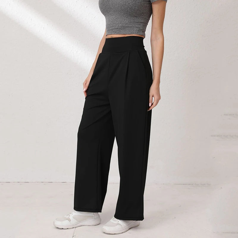 Women's High Waisted Sports Pants with Side Pockets Solid Color Wide Leg Yoga Pants Woman Body Hugging Straight Leg Trousers