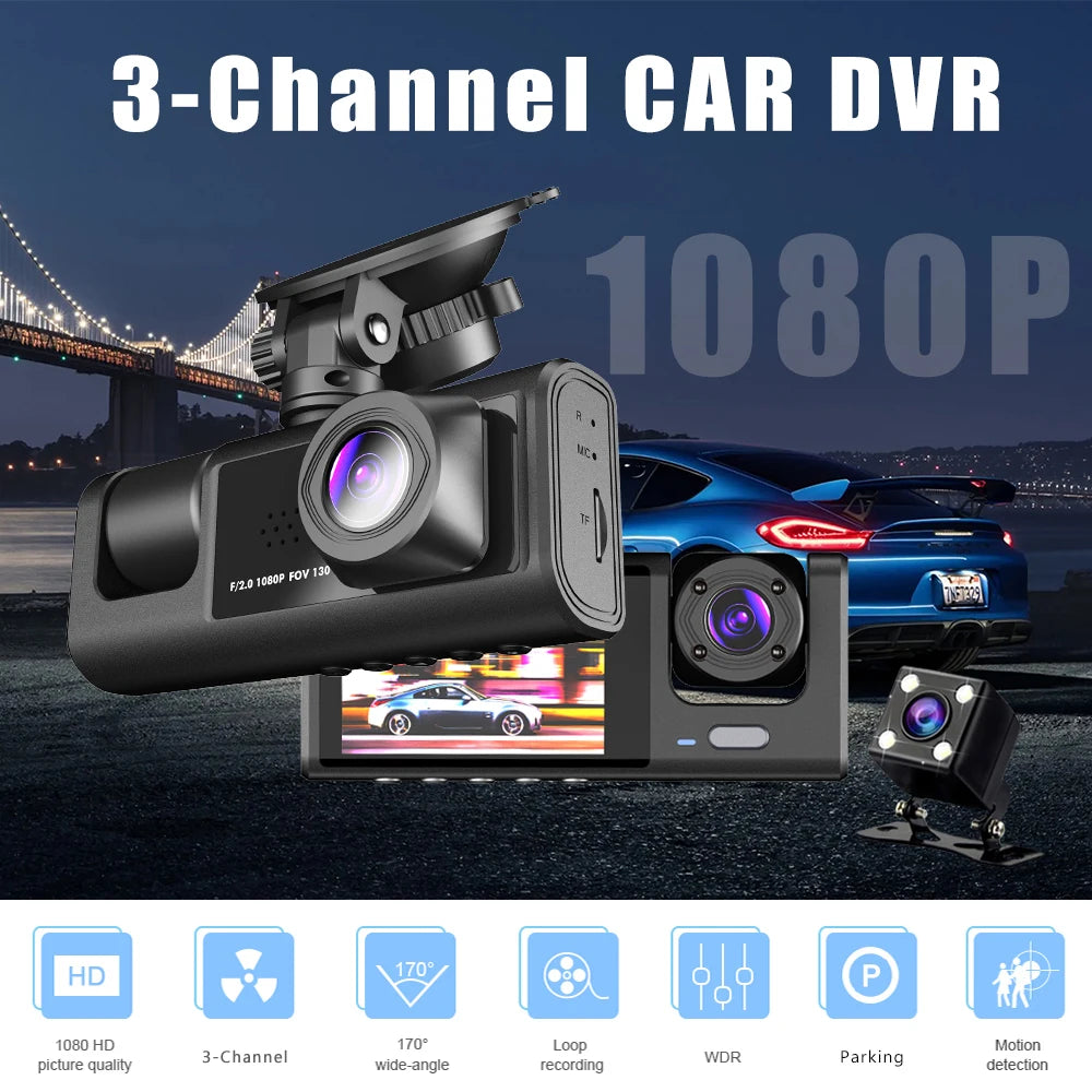 3 Channel Dash Cam HD 1080P 3-Lens Inside Vehicle  Car DVR Three Way Camera DVRs Recorder Video Registrator Dashcam Camcorder