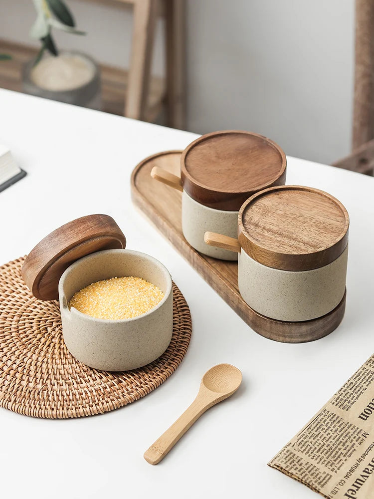 JUSTINLAU Ceramic Seasoning Jar Japanese Spice Container with Bamboo Lid Spoon Home Oil Pot Seasoning Bottle Tray Kitchen Tools