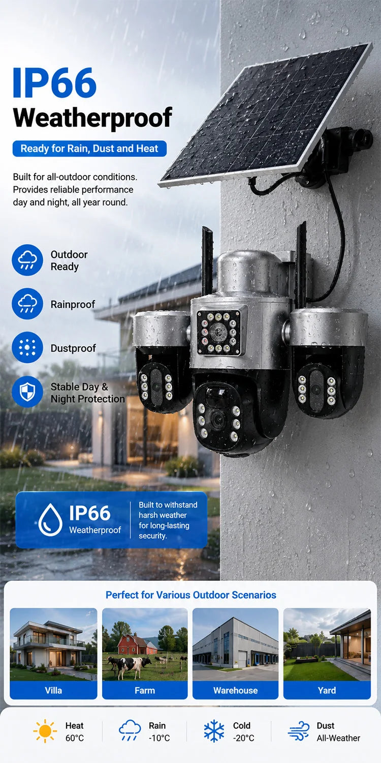 Solar 4G Security Camera 3 Lens 3 Screen Outdoor V380 APP 6MP PTZ PIR Full Color Night Vision IP66 Waterproof Battery Cam System