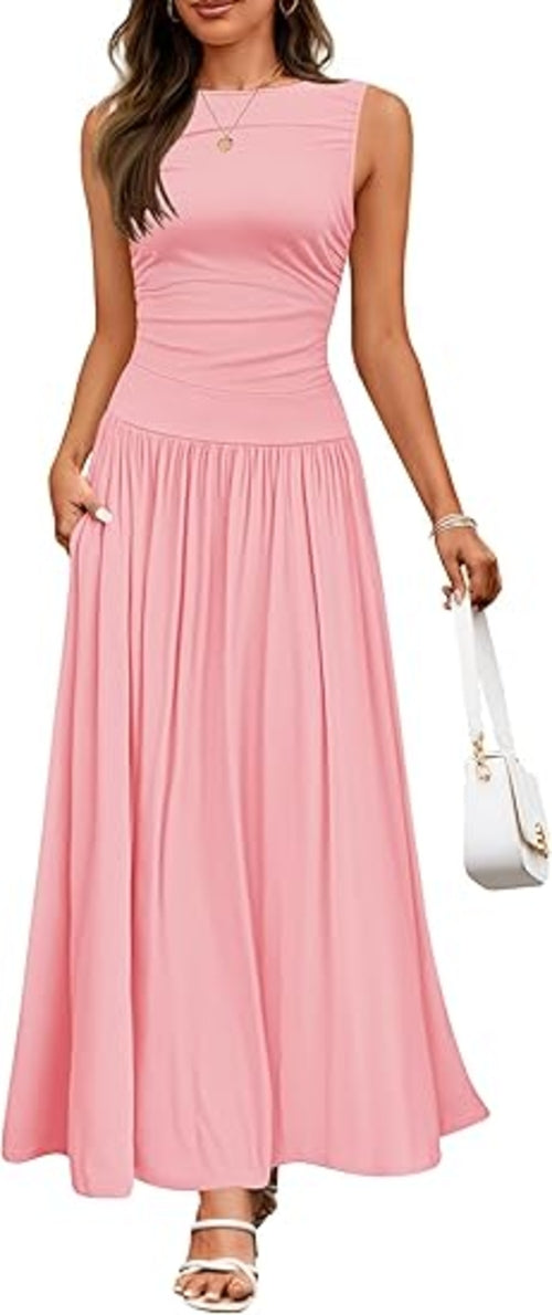 Women's Summer Sleeveless Maxi Dress Casual Round Neck Pleated Elegant