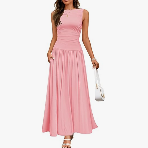 Women's Summer Sleeveless Maxi Dress Casual Round Neck Pleated Elegant
