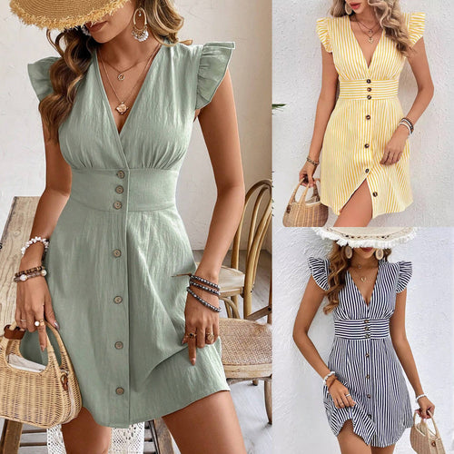 Summer V-neck Single-breasted Fly-sleeve Women's Shirt Dresses With
