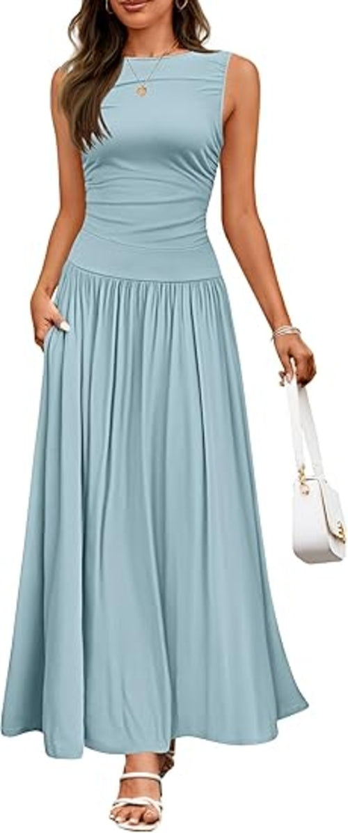 Women's Summer Sleeveless Maxi Dress Casual Round Neck Pleated Elegant