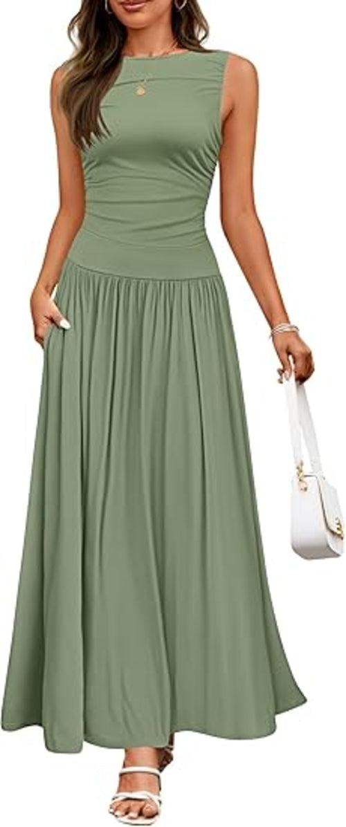 Women's Summer Sleeveless Maxi Dress Casual Round Neck Pleated Elegant
