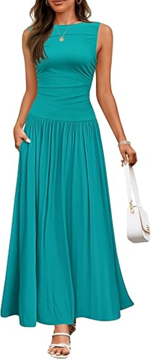 Women's Summer Sleeveless Maxi Dress Casual Round Neck Pleated Elegant
