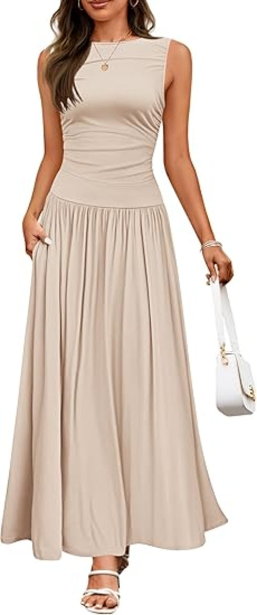 Women's Summer Sleeveless Maxi Dress Casual Round Neck Pleated Elegant